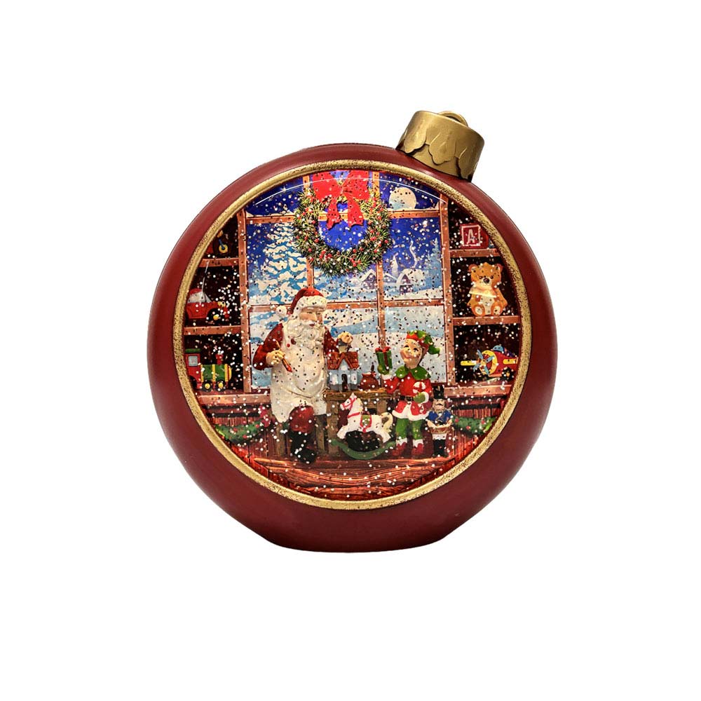 Holiday-Red-Snow-Globe-with-Santa-Claus-and-Elf-Scene Holiday Red Snow Globe with Santa Claus and Elf Scene