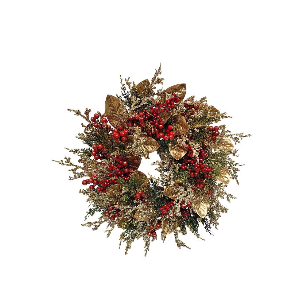 Gold Leaf and Red Berry Christmas Wreath