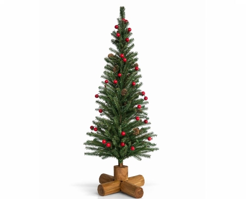 Artificial Christmas Tree with Red Berries, Pinecones and Wooden Log Base