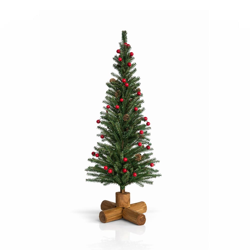 Artificial Christmas Tree with Red Berries, Pinecones and Wooden Log Base