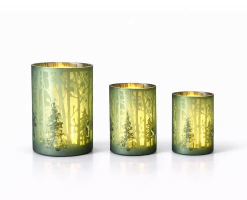 Green Winter Forest Glass Candle Holder Set