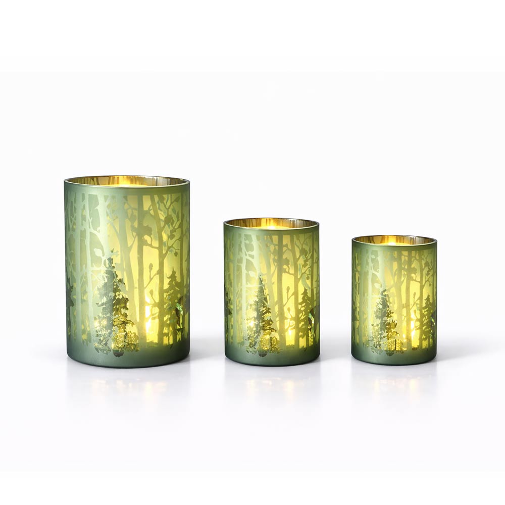 Green Winter Forest Glass Candle Holder Set