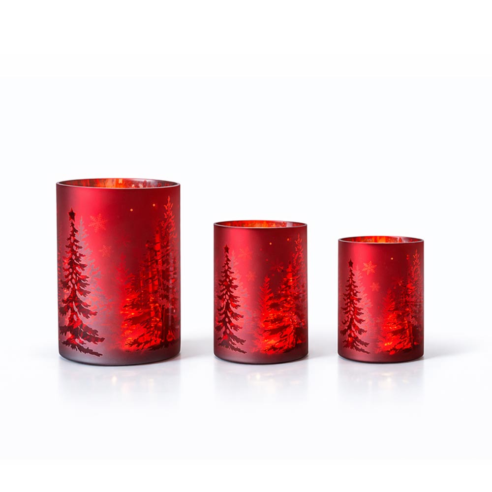 Winter Forest Red Glass Lantern Set