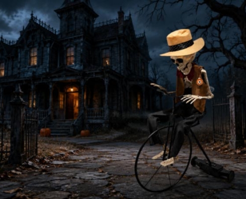 Cowboy skeleton decoration outside a haunted house for Halloween 2026