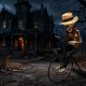 Cowboy skeleton decoration outside a haunted house for Halloween 2026