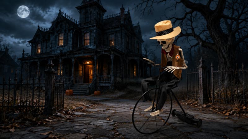 Cowboy skeleton decoration outside a haunted house for Halloween 2026