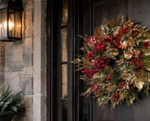 Christmas wreath trends 2027 featuring a red berry and gold leaf wreath