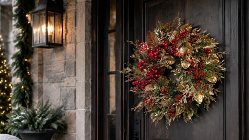 Christmas wreath trends 2027 featuring a red berry and gold leaf wreath