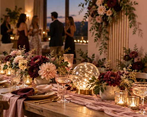 Popular party decoration ideas featuring layered lighting, floral tablescapes and a dessert display