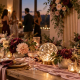 Popular party decoration ideas featuring layered lighting, floral tablescapes and a dessert display