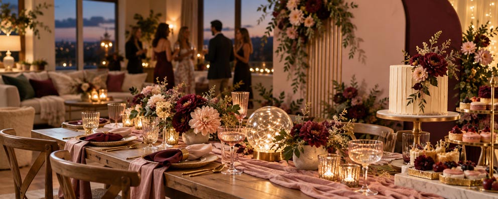 Popular party decoration ideas featuring layered lighting, floral tablescapes and a dessert display