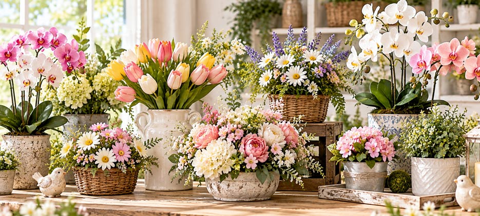 Wholesale artificial flowers featuring potted orchids, spring tulip arrangements, decorative floral baskets and artificial greenery.