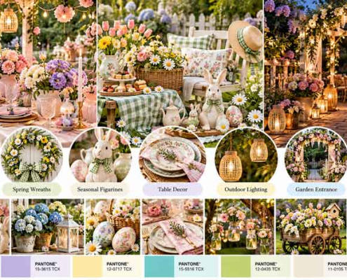 Garden party decoration ideas for 2027 featuring floral centerpieces, decorative vases, spring wreaths, cottagecore styling and outdoor lighting