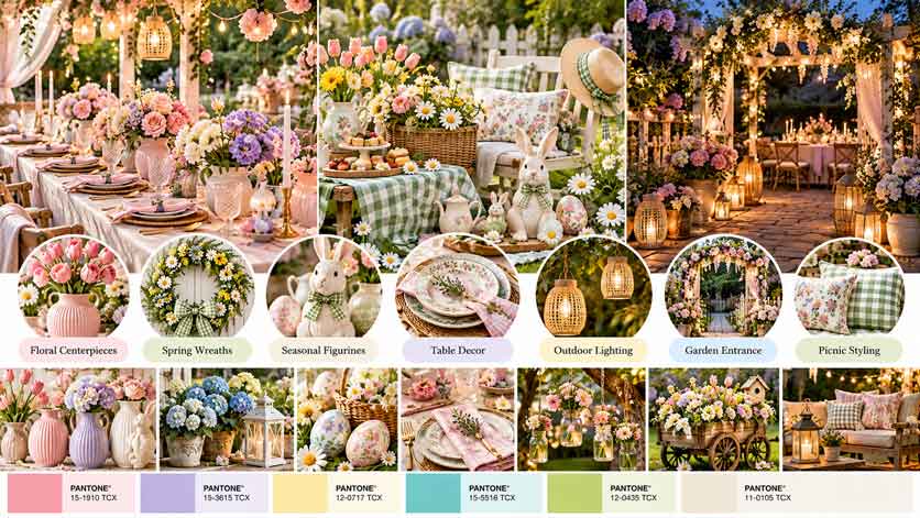 Garden party decoration ideas for 2027 featuring floral centerpieces, decorative vases, spring wreaths, cottagecore styling and outdoor lighting