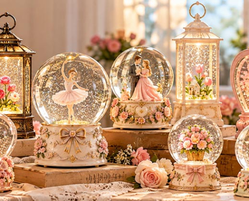 Seasonal gifts wholesale collection featuring musical snow globes, LED glitter water lanterns, ballerina figurines and romantic decorative gifts