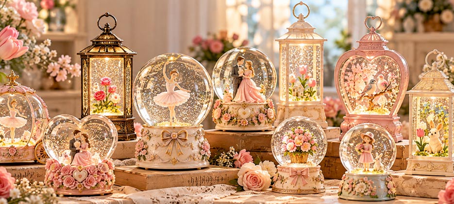 Seasonal gifts wholesale collection featuring musical snow globes, LED glitter water lanterns, ballerina figurines and romantic decorative gifts