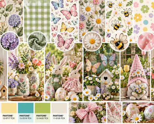 Spring floral patterns 2027 featuring wildflower prints, gingham checks, botanical motifs, butterflies, Easter decorations and cottagecore home decor.