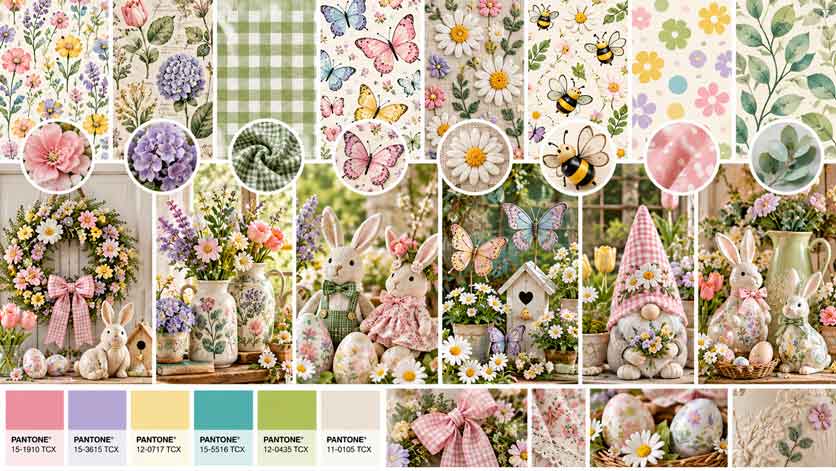 Spring floral patterns 2027 featuring wildflower prints, gingham checks, botanical motifs, butterflies, Easter decorations and cottagecore home decor.