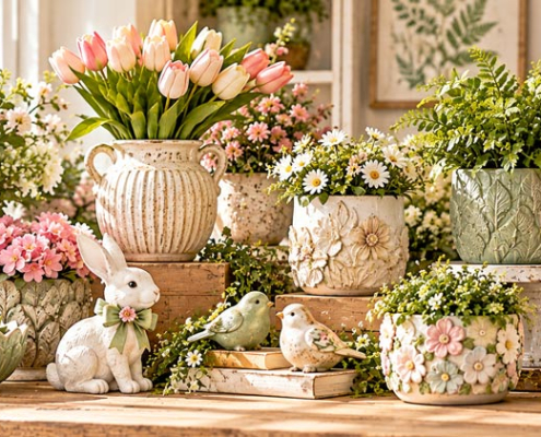 Wholesale spring home accessories featuring decorative resin planters, botanical figurines, textured flower pots and seasonal tabletop decorations.