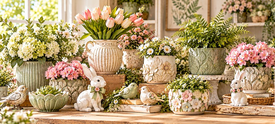 Wholesale spring home accessories featuring decorative resin planters, botanical figurines, textured flower pots and seasonal tabletop decorations.
